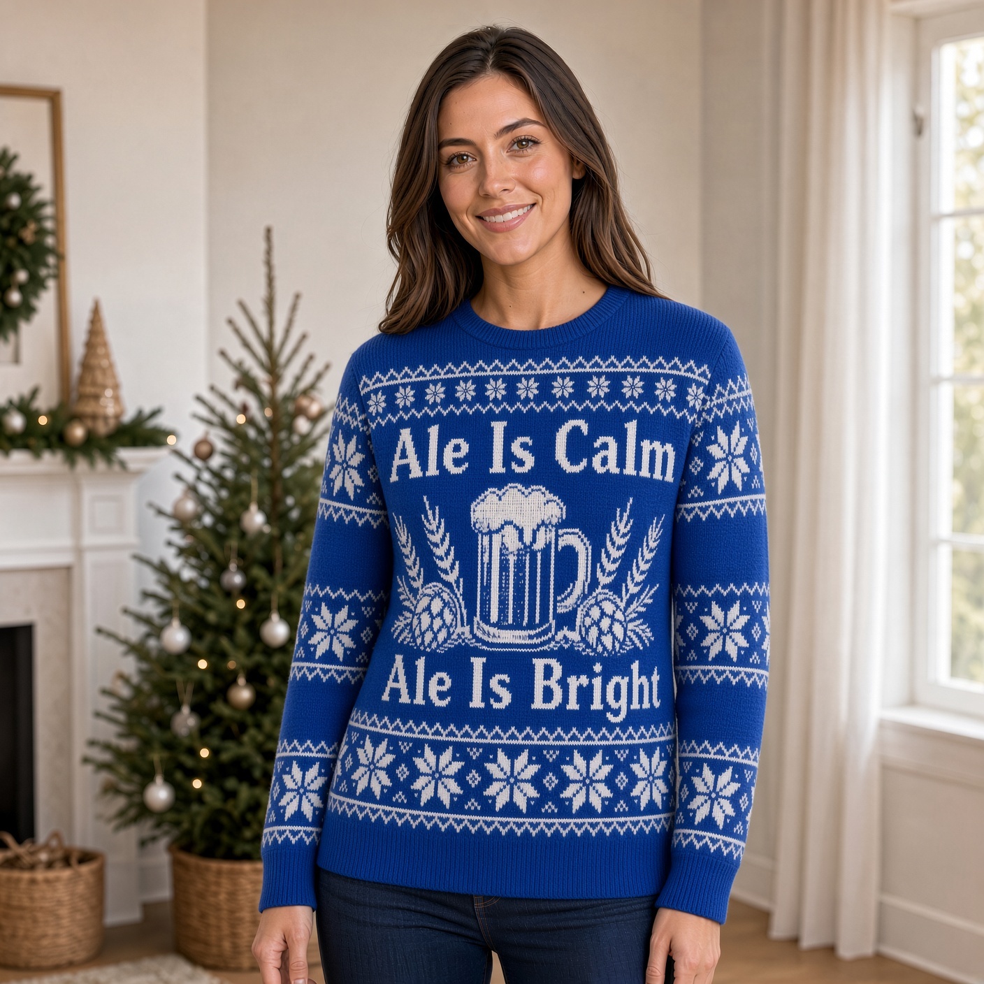 [popular-sweater:PX-02-16:female] Ale Is Calm Ale Is Bright Ugly Christmas Sweatshirt - Female view