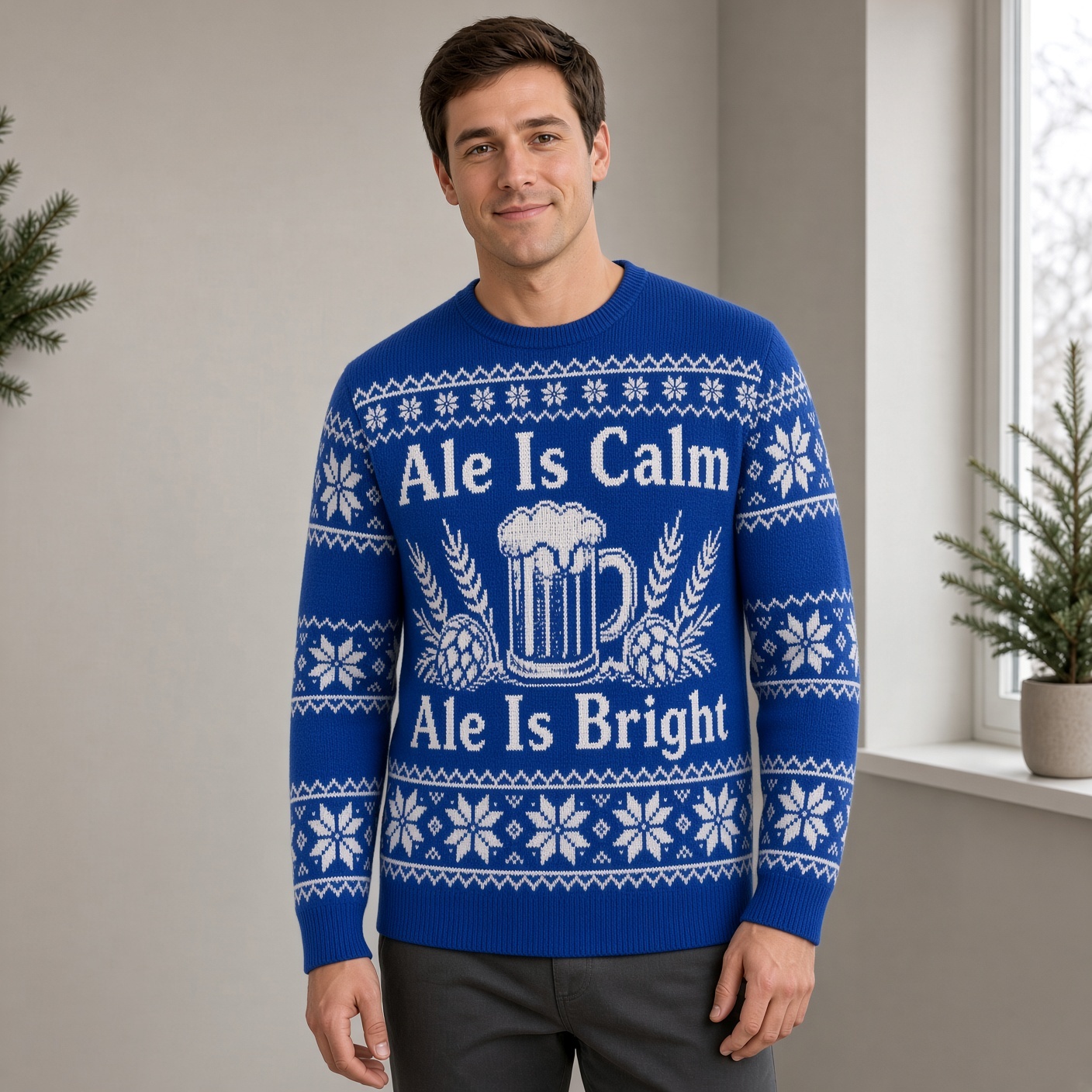 [popular-sweater:PX-02-16:male] Ale Is Calm Ale Is Bright Ugly Christmas Sweatshirt - Male view