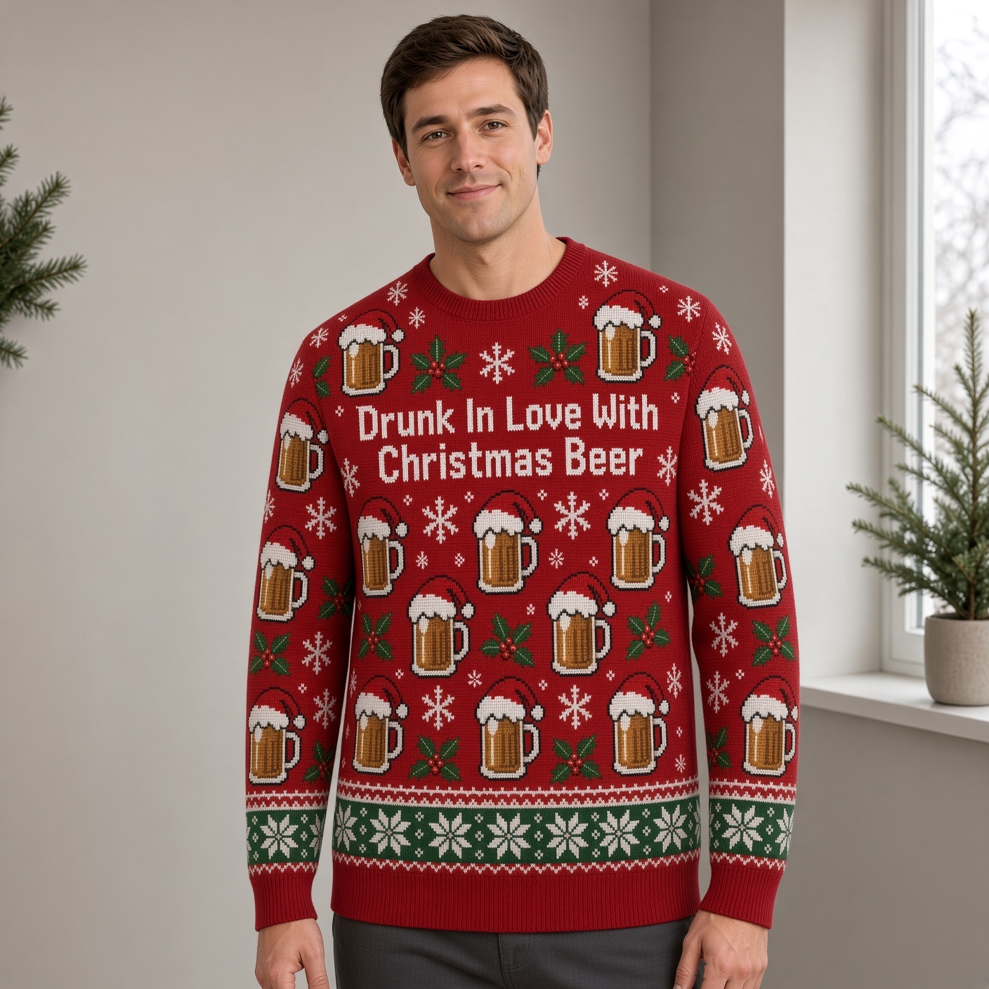 [popular-sweater:PX-02-17:male] Drunk In Love With Christmas Beer Ugly Christmas Sweatshirt - Male view