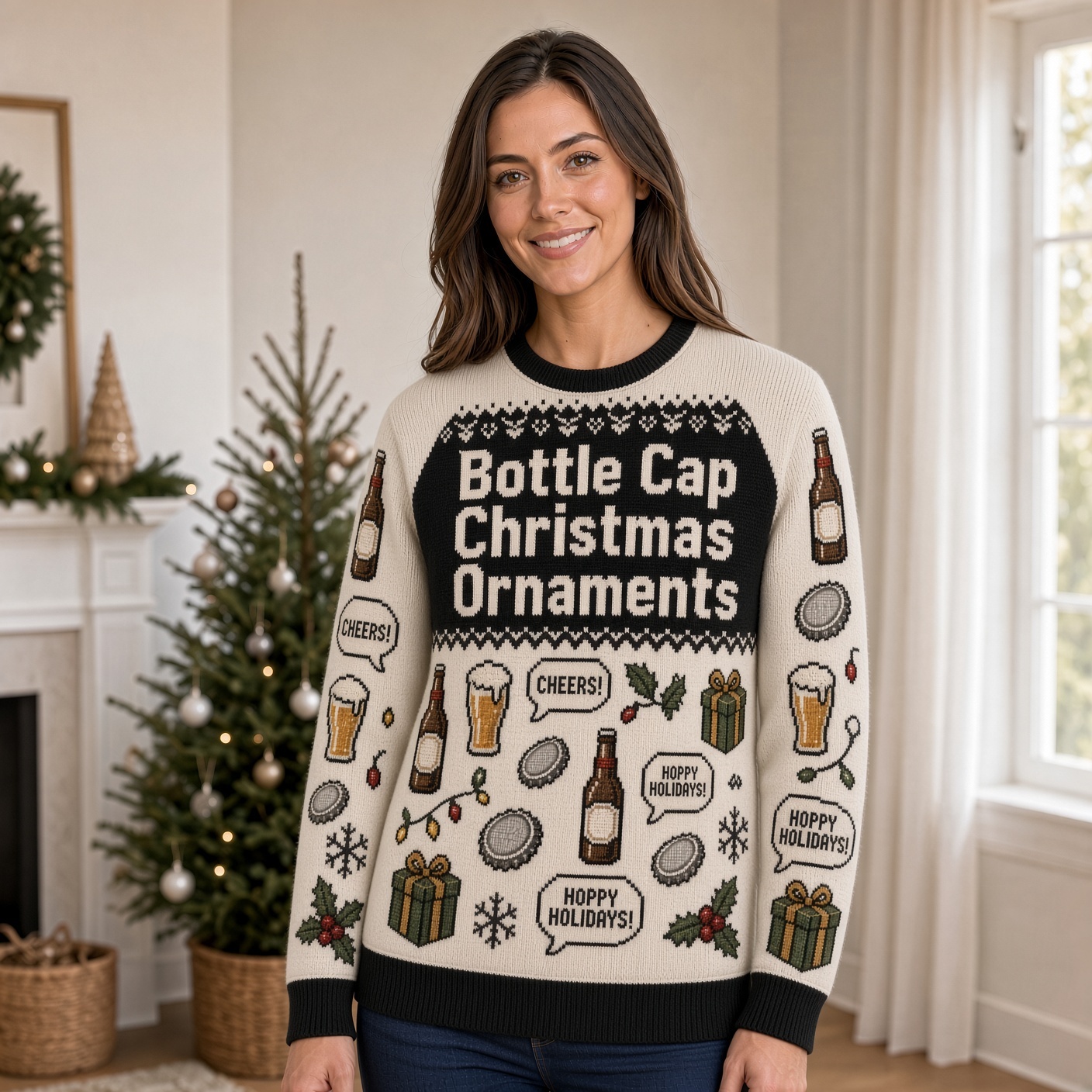 [popular-sweater:PX-02-18:female] Bottle Cap Christmas Ornaments Ugly Christmas Sweatshirt - Female view