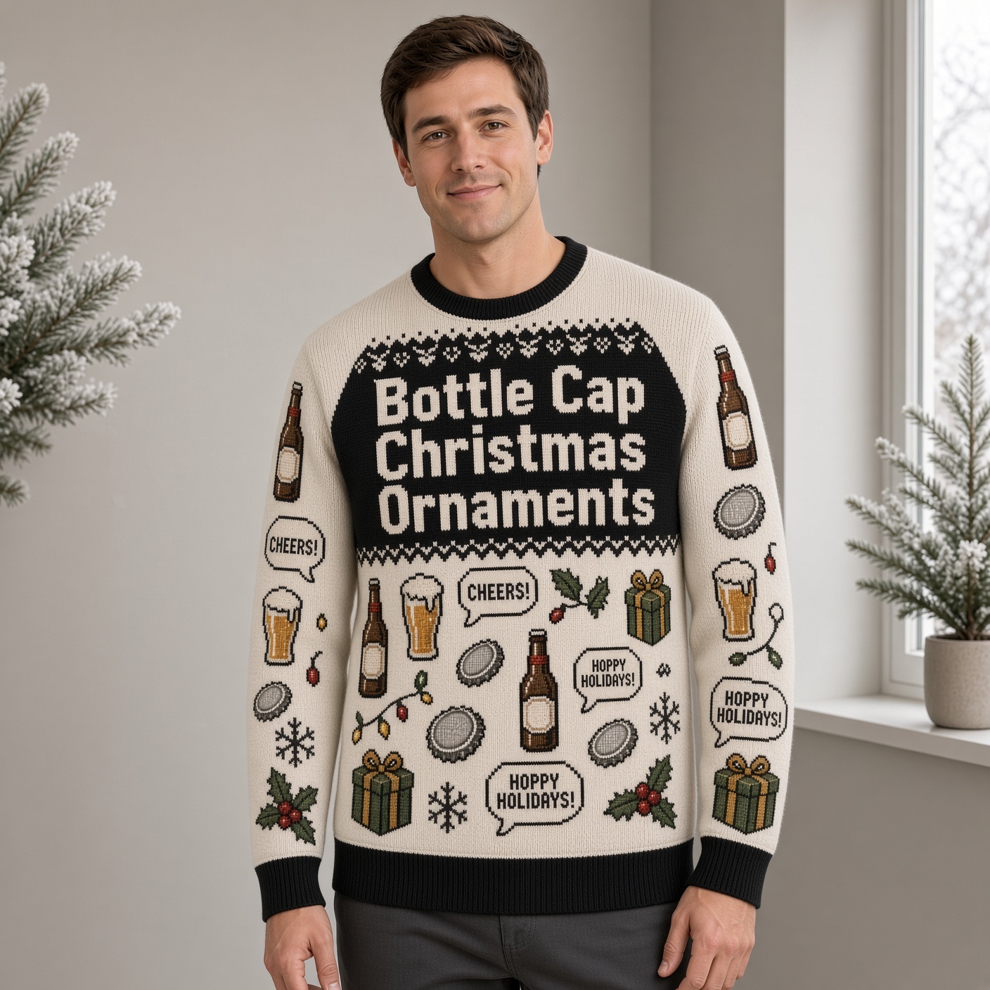 [popular-sweater:PX-02-18:male] Bottle Cap Christmas Ornaments Ugly Christmas Sweatshirt - Male view