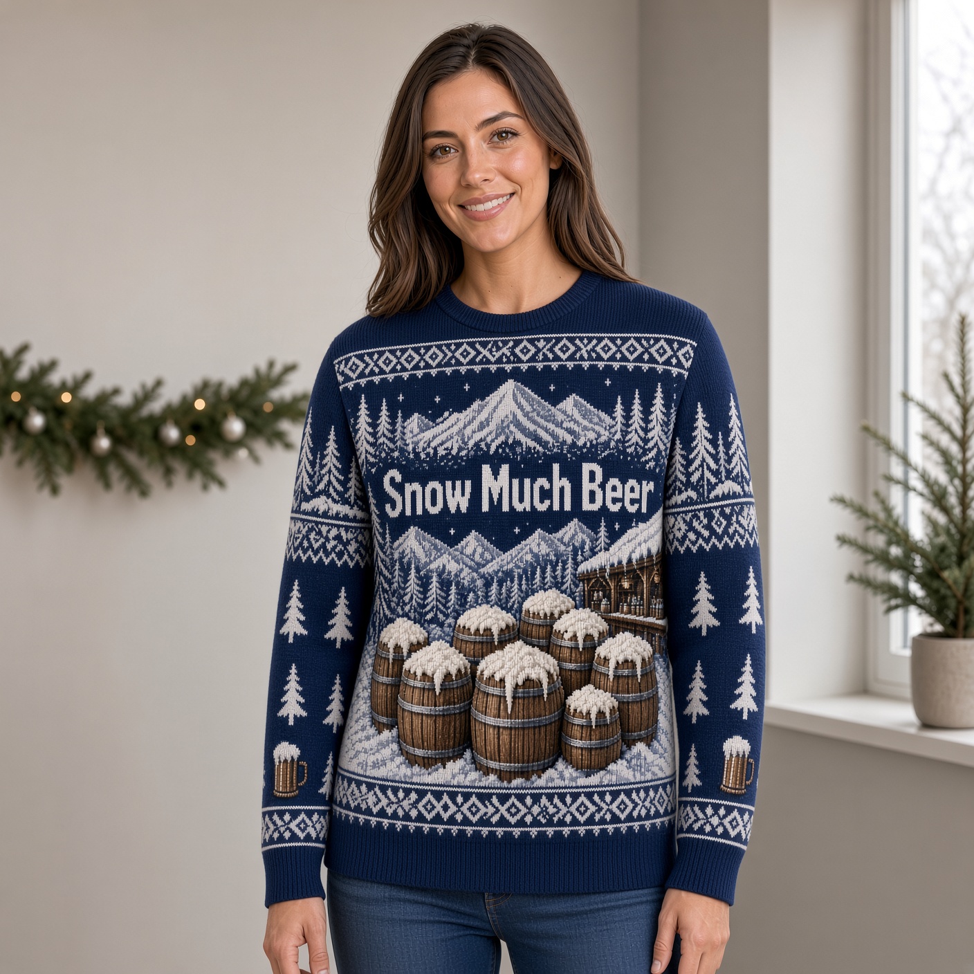 [popular-sweater:PX-02-19:female] Snow Much Beer Ugly Christmas Sweatshirt - Female view