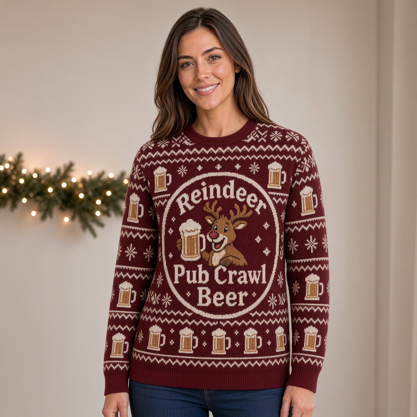[popular-sweater:PX-02-20:female] Reindeer Pub Crawl Beer Ugly Christmas Sweatshirt - Female view