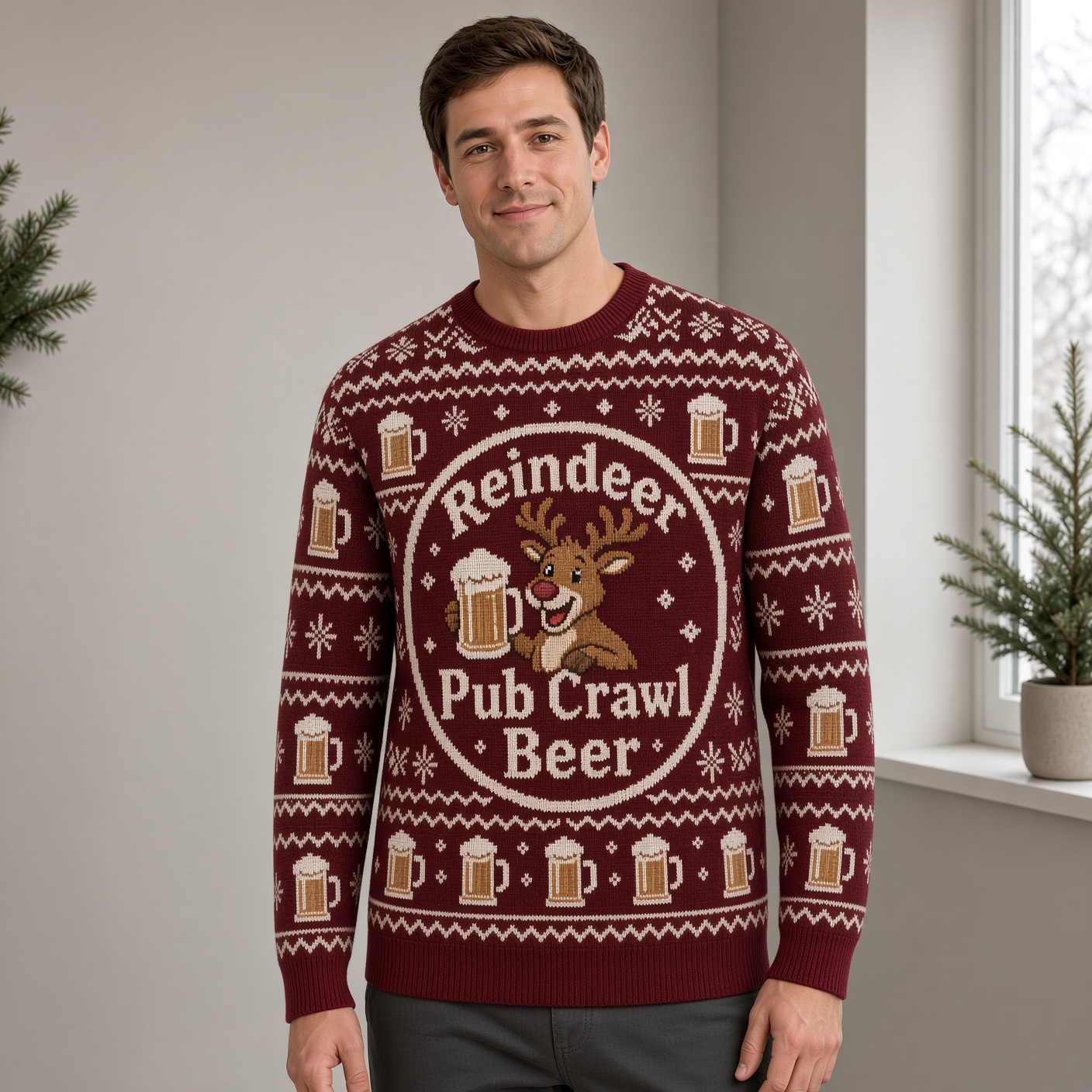 [popular-sweater:PX-02-20:male] Reindeer Pub Crawl Beer Ugly Christmas Sweatshirt - Male view