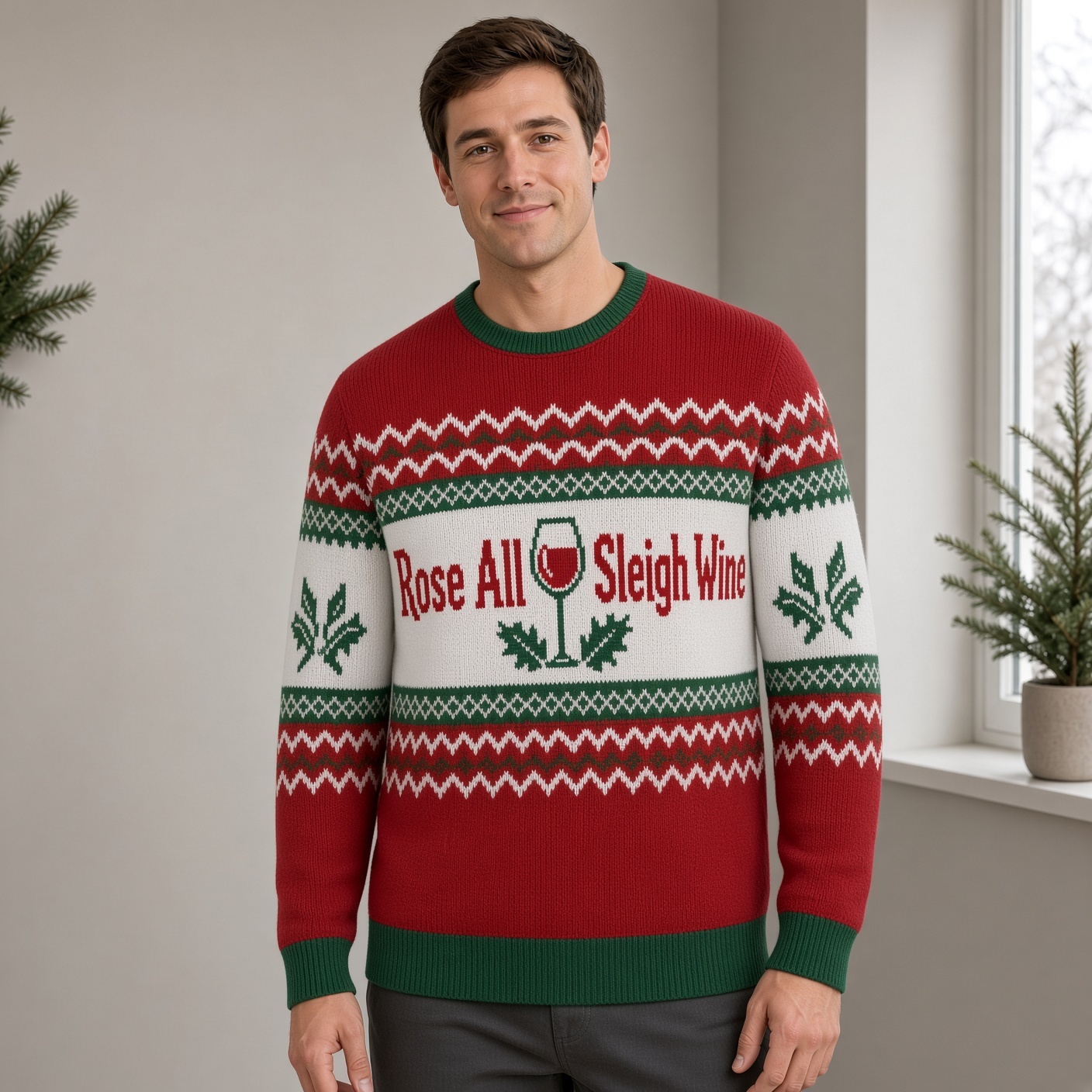 [popular-sweater:PX-03-01:male] Rose All Sleigh Wine Ugly Christmas Sweatshirt - Male view
