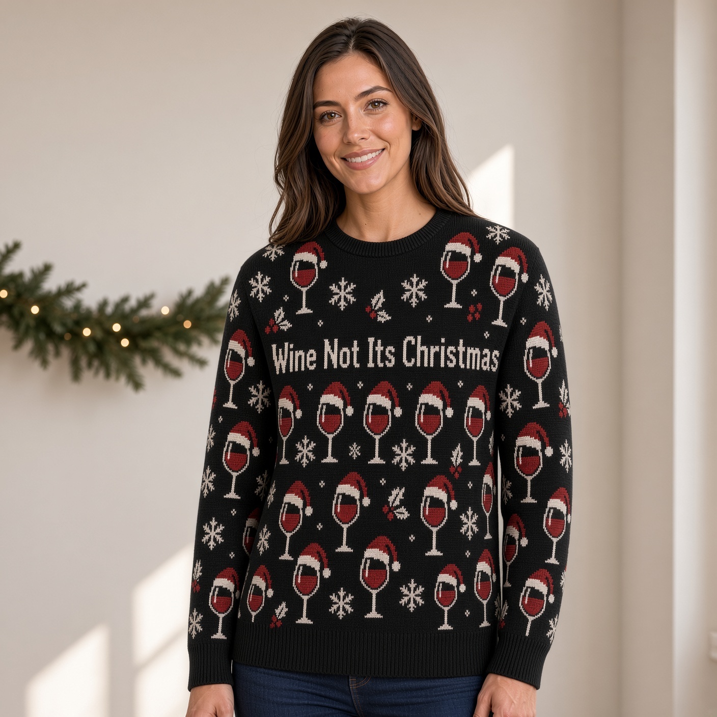 [popular-sweater:PX-03-02:female] Wine Not Its Christmas Ugly Christmas Sweatshirt - Female view