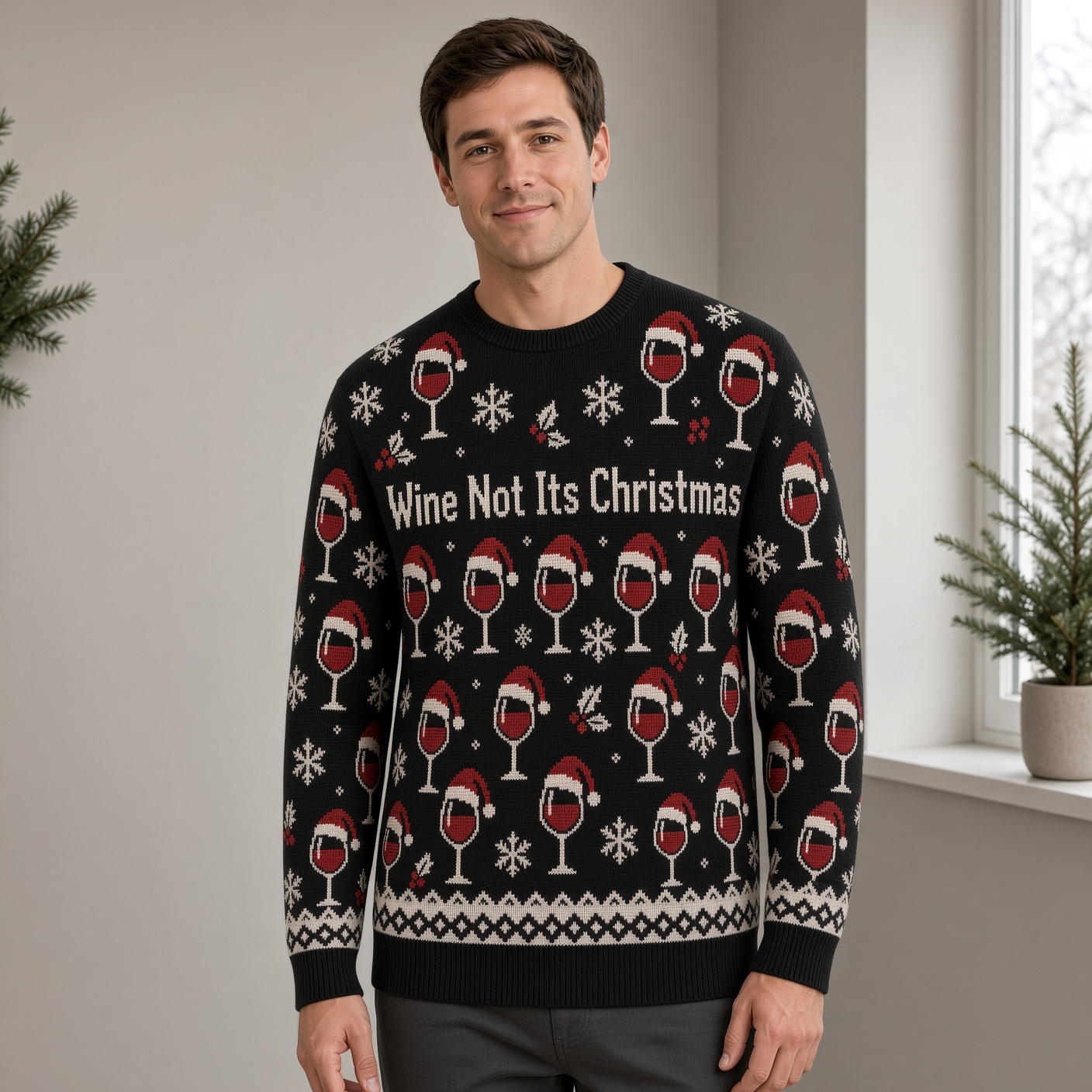 [popular-sweater:PX-03-02:male] Wine Not Its Christmas Ugly Christmas Sweatshirt - Male view