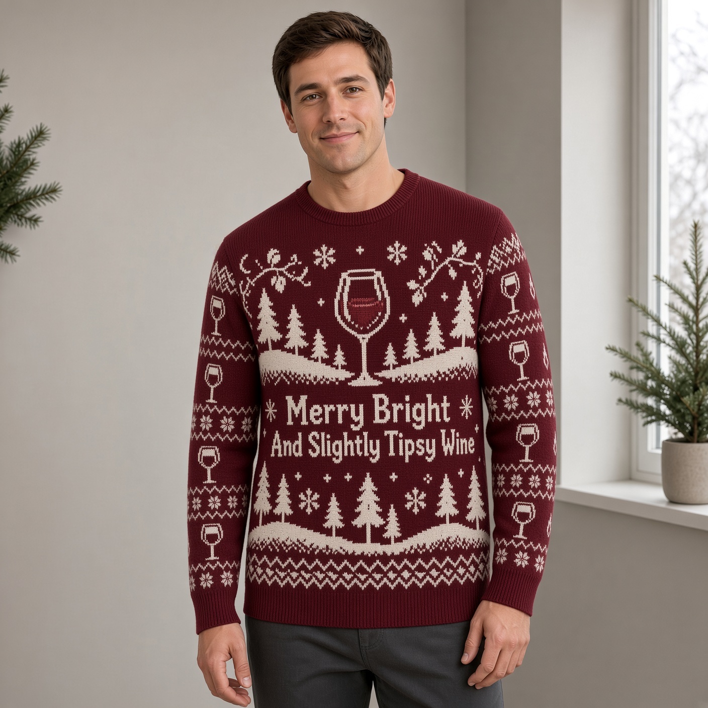 [popular-sweater:PX-03-04:male] Merry Bright And Slightly Tipsy Wine Ugly Christmas Sweatshirt - Male view