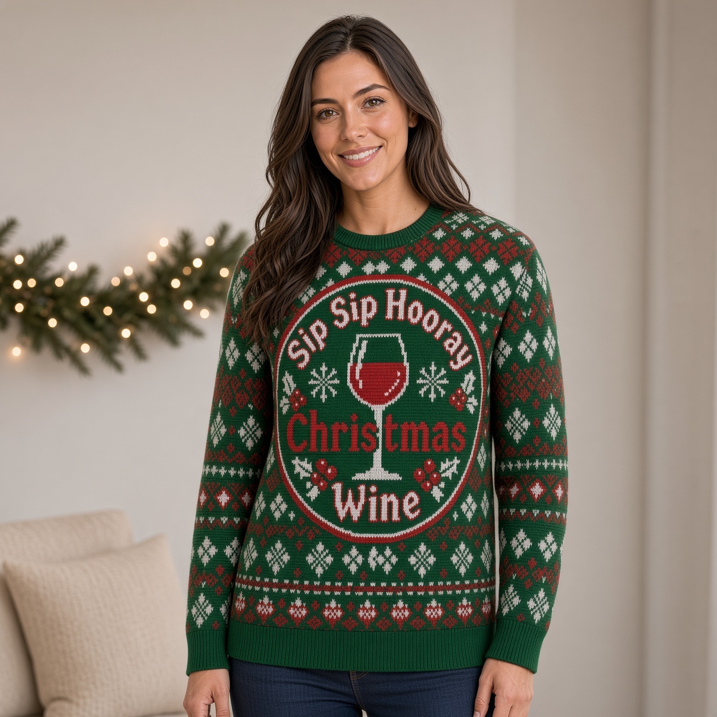 [popular-sweater:PX-03-05:female] Sip Sip Hooray Christmas Wine Ugly Christmas Sweatshirt - Female view