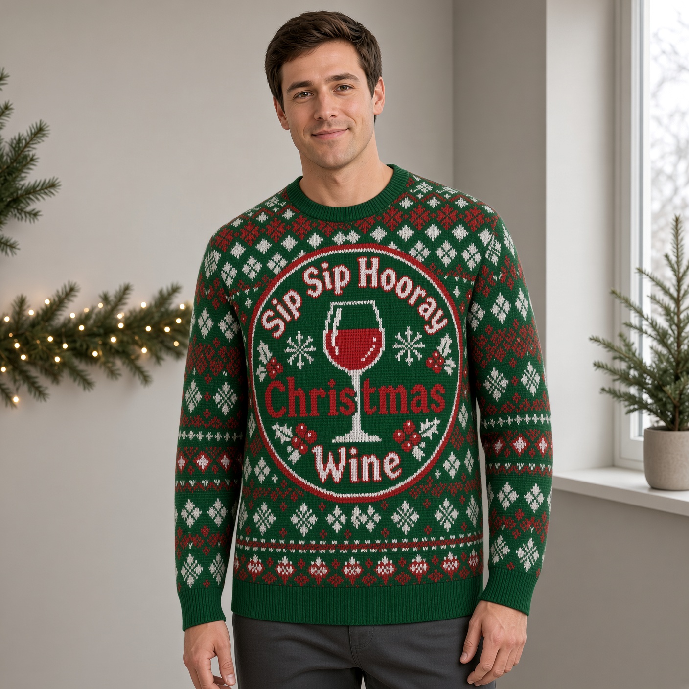 [popular-sweater:PX-03-05:male] Sip Sip Hooray Christmas Wine Ugly Christmas Sweatshirt - Male view