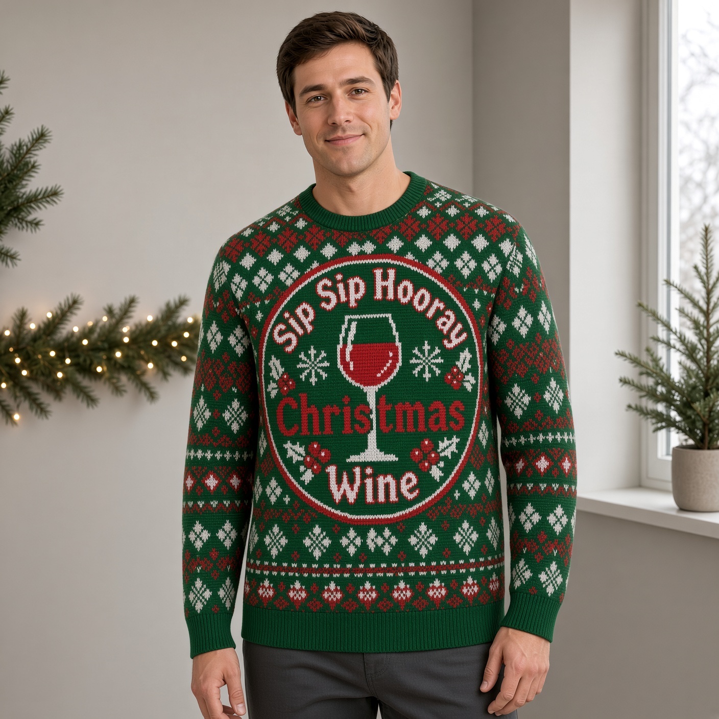 [popular-sweater:PX-03-05:male] Sip Sip Hooray Christmas Wine Ugly Christmas Sweatshirt - Male view