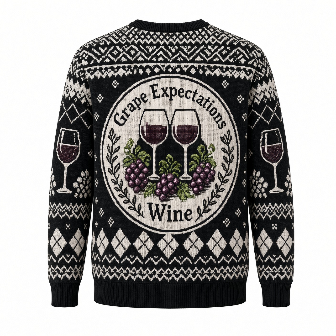[popular-sweater:PX-03-10:back] Grape Expectations Christmas Wine Ugly Christmas Sweatshirt - Back view