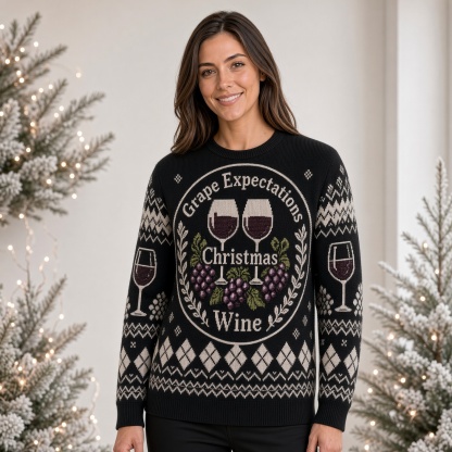 [popular-sweater:PX-03-10:female] Grape Expectations Christmas Wine Ugly Christmas Sweatshirt - Female view