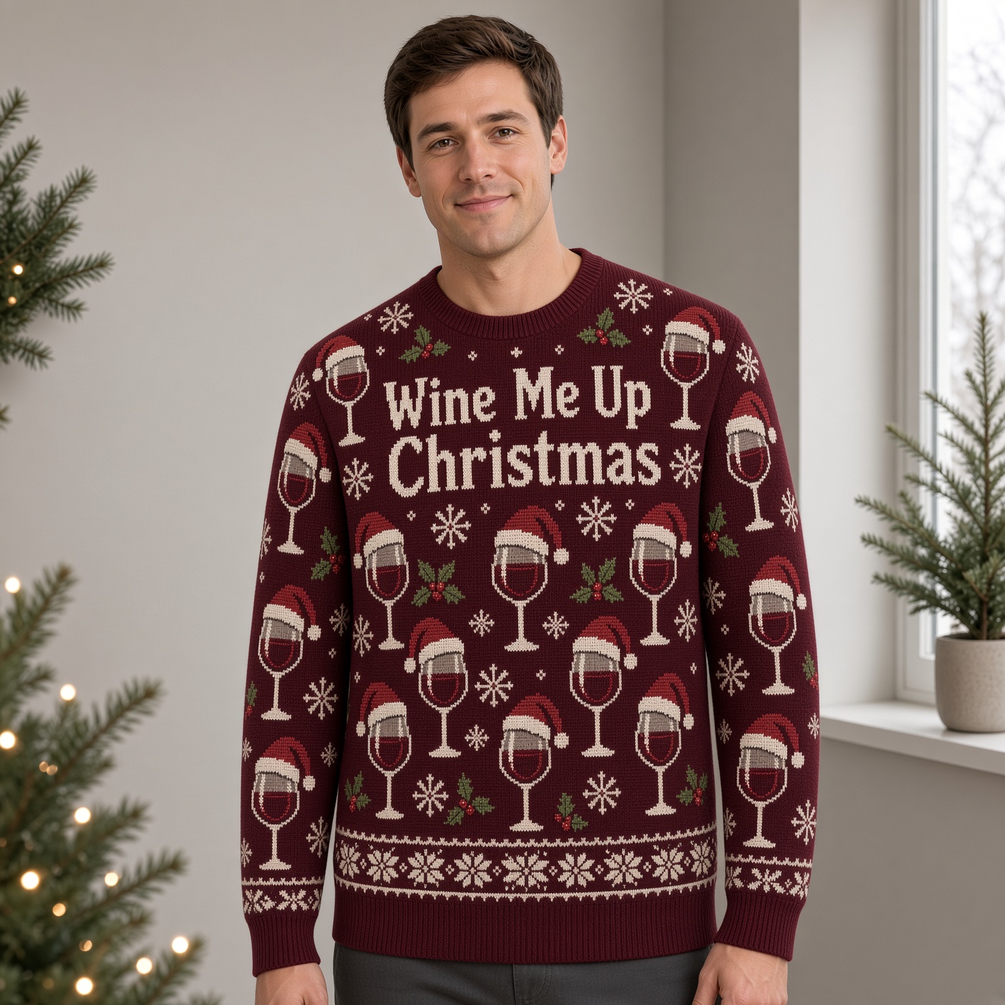 [popular-sweater:PX-03-12:male] Wine Me Up Christmas Ugly Christmas Sweatshirt - Male view