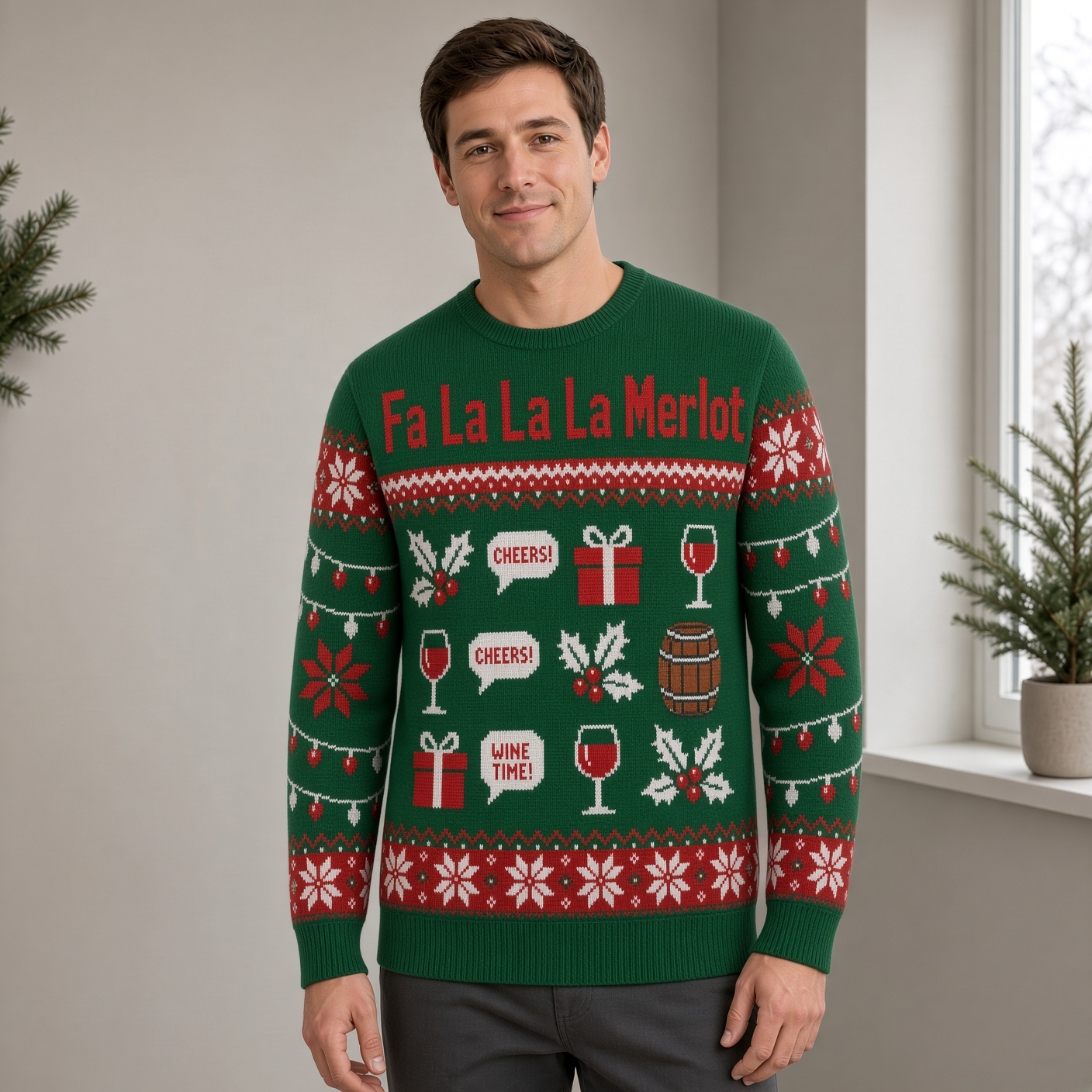 [popular-sweater:PX-03-13:male] Fa La La La Merlot Ugly Christmas Sweatshirt - Male view