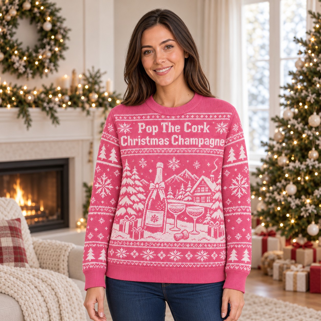[popular-sweater:PX-03-14:female] Pop The Cork Christmas Champagne Ugly Christmas Sweatshirt - Female view