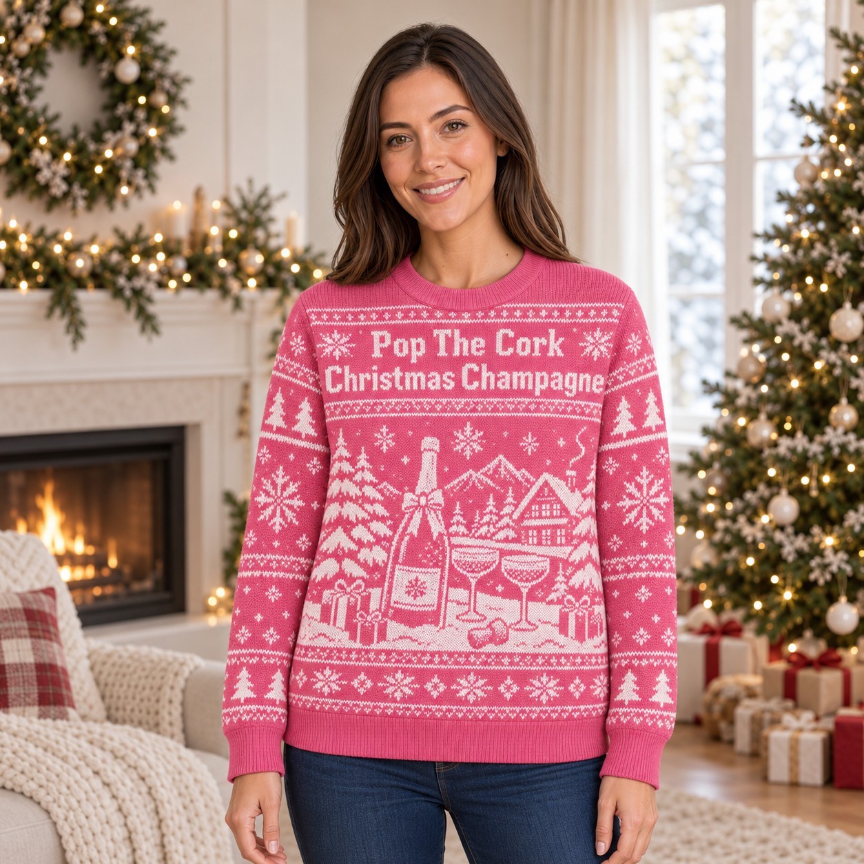 [popular-sweater:PX-03-14:female] Pop The Cork Christmas Champagne Ugly Christmas Sweatshirt - Female view