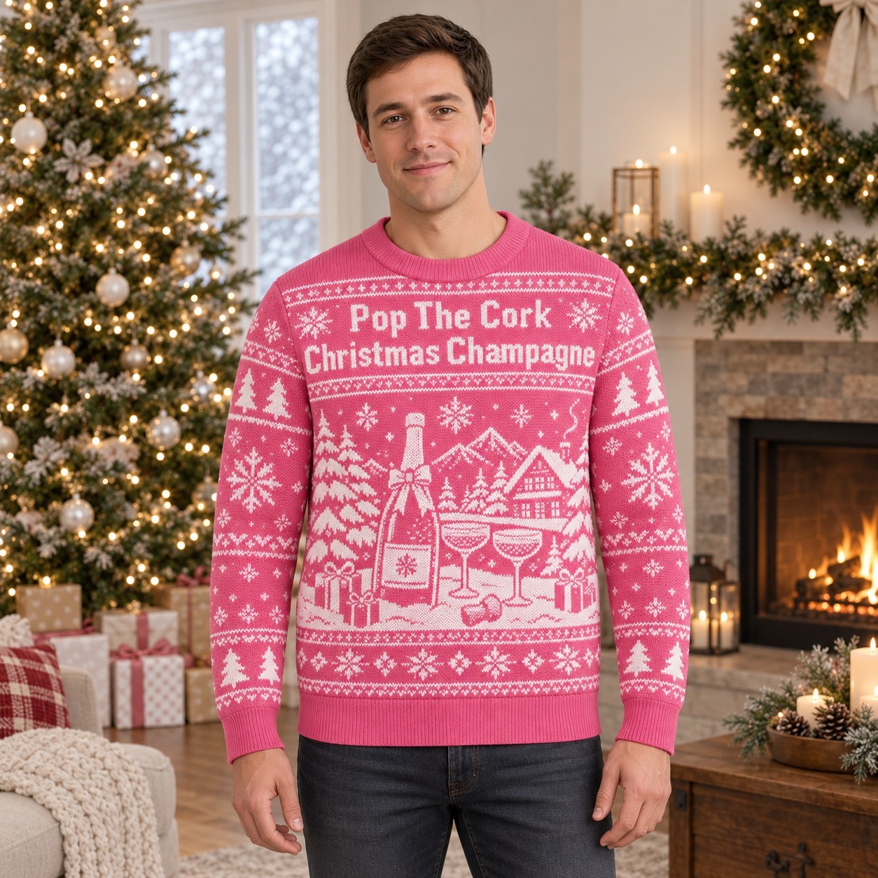 [popular-sweater:PX-03-14:male] Pop The Cork Christmas Champagne Ugly Christmas Sweatshirt - Male view