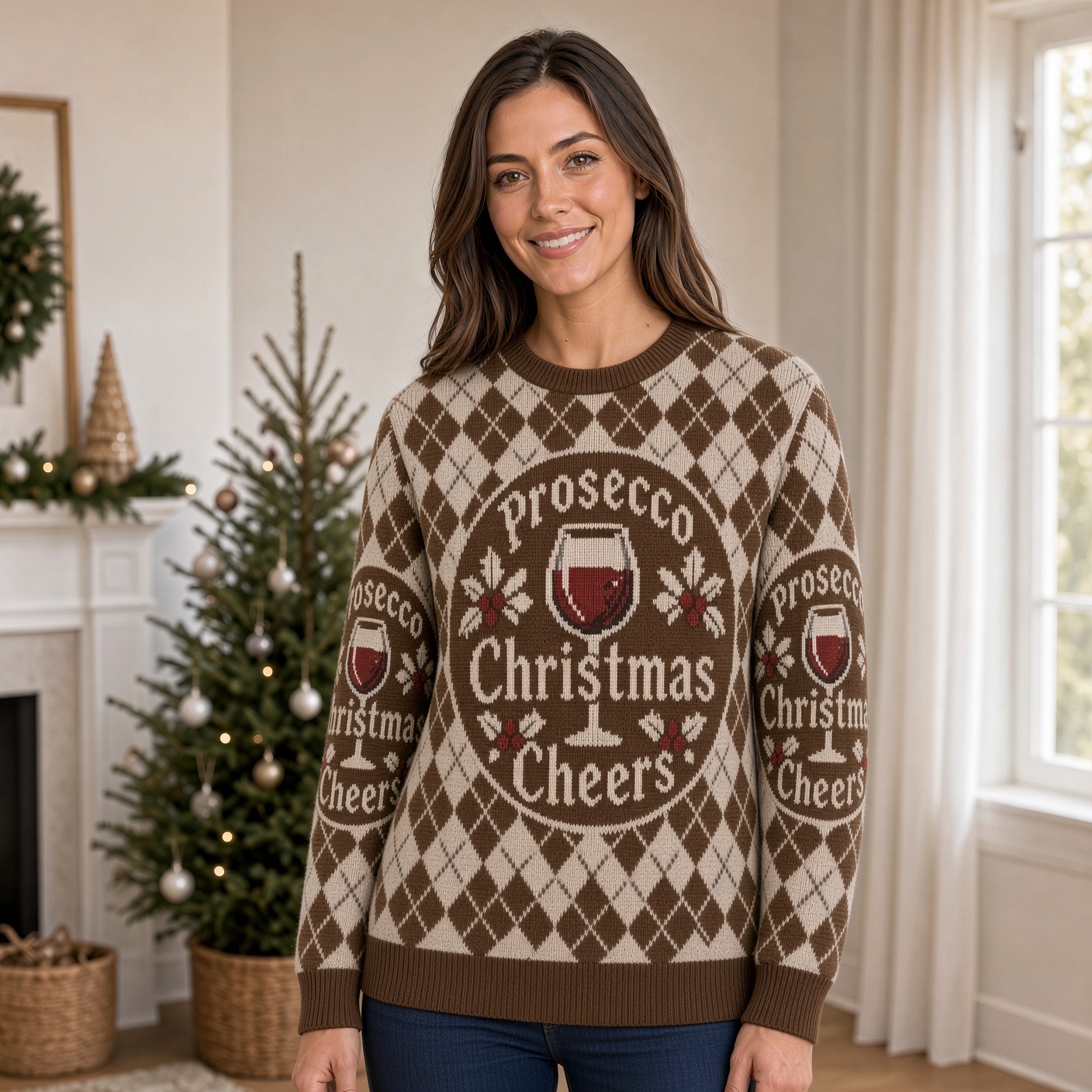 [popular-sweater:PX-03-15:female] Prosecco Christmas Cheers Ugly Christmas Sweatshirt - Female view