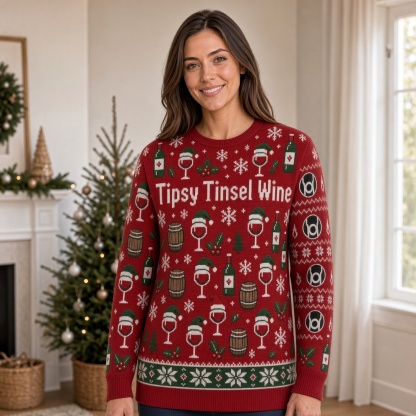 [popular-sweater:PX-03-17:female] Tipsy Tinsel Wine Ugly Christmas Sweatshirt - Female view