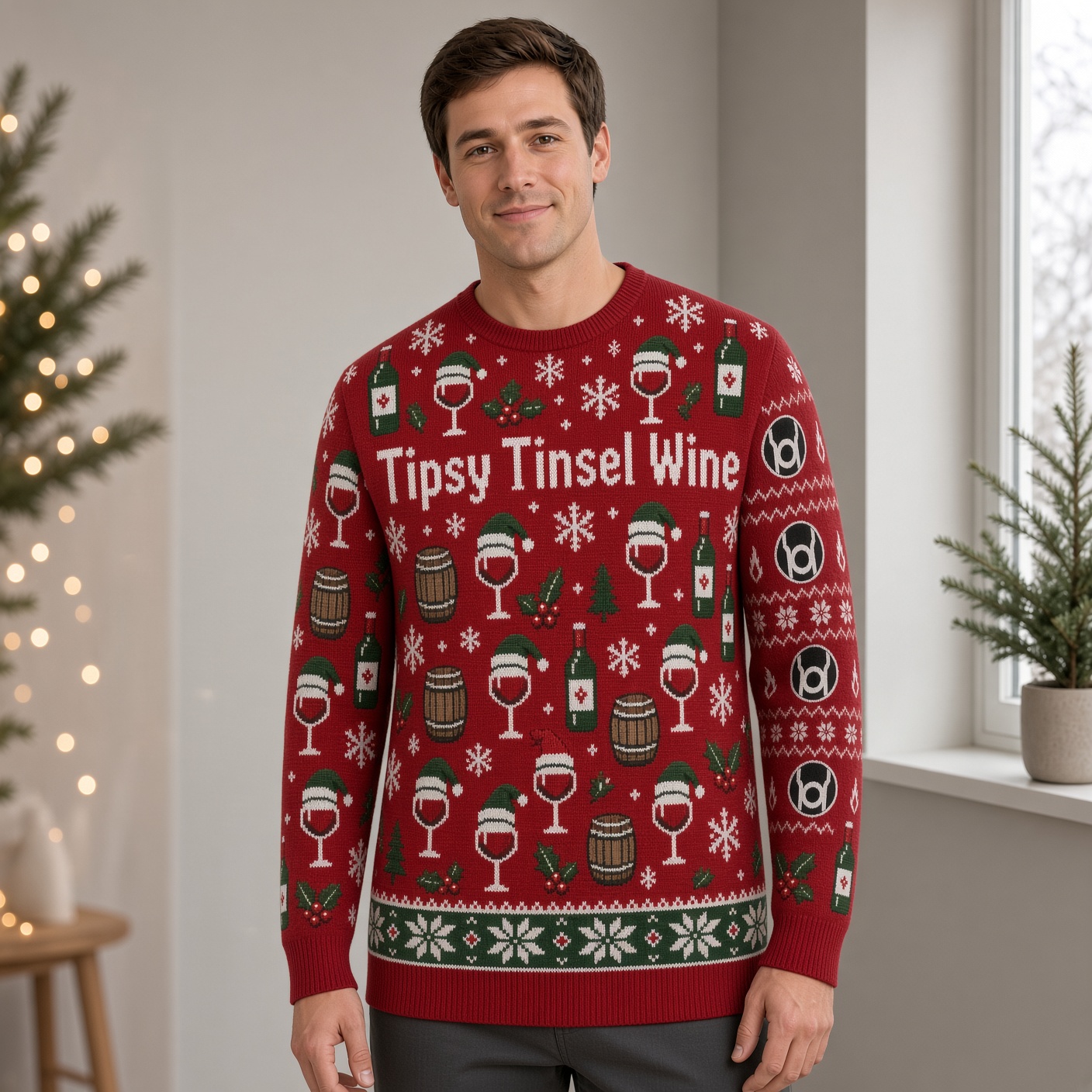 [popular-sweater:PX-03-17:male] Tipsy Tinsel Wine Ugly Christmas Sweatshirt - Male view