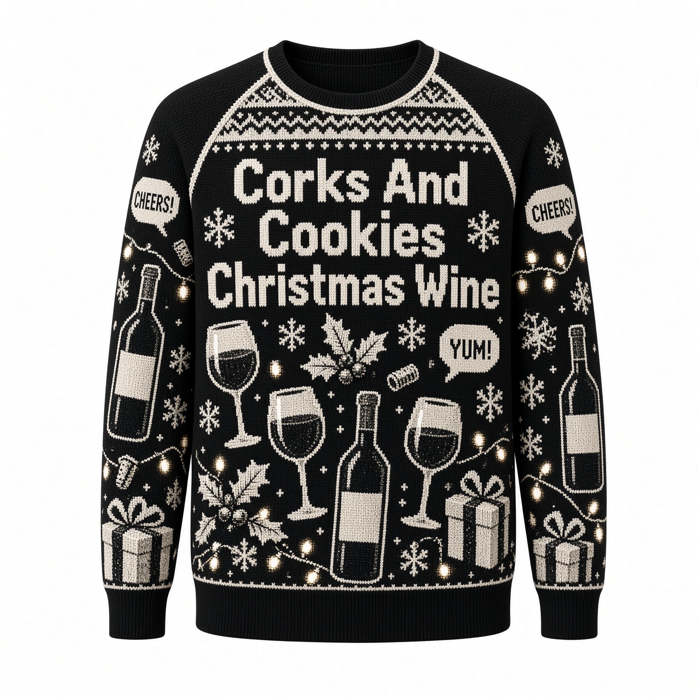 [popular-sweater:PX-03-18:front] Corks And Cookies Christmas Wine Ugly Christmas Sweatshirt - Front view