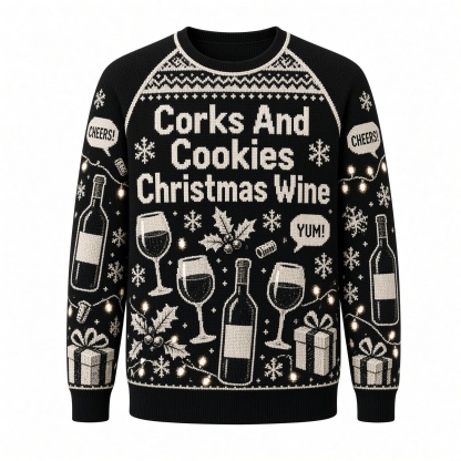 [popular-sweater:PX-03-18:front] Corks And Cookies Christmas Wine Ugly Christmas Sweatshirt - Front view