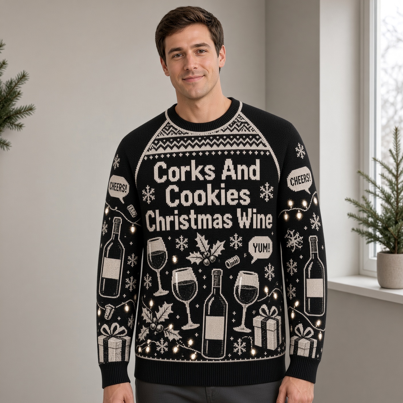 [popular-sweater:PX-03-18:male] Corks And Cookies Christmas Wine Ugly Christmas Sweatshirt - Male view