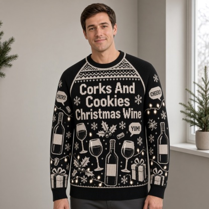 [popular-sweater:PX-03-18:male] Corks And Cookies Christmas Wine Ugly Christmas Sweatshirt - Male view