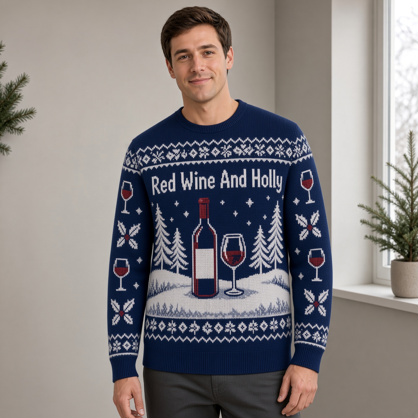 [popular-sweater:PX-03-19:male] Red Wine And Holly Ugly Christmas Sweatshirt - Male view