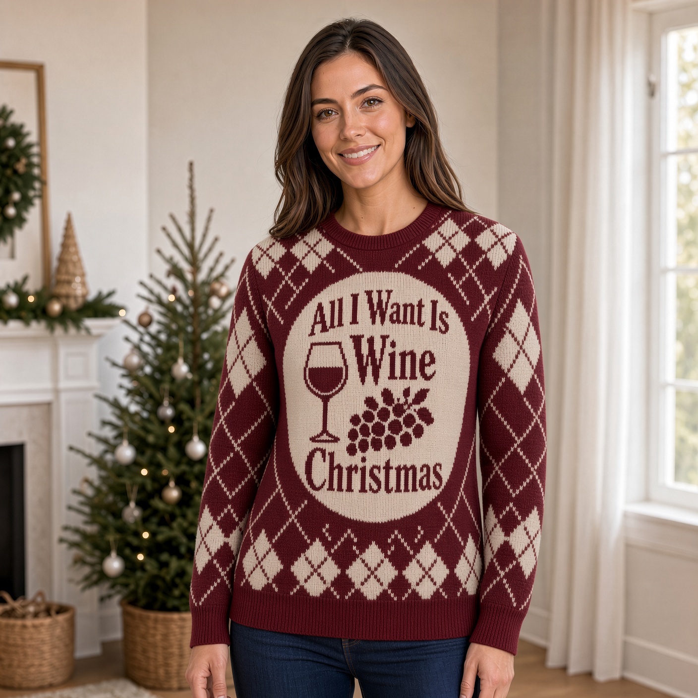 [popular-sweater:PX-03-20:female] All I Want Is Wine Christmas Ugly Christmas Sweatshirt - Female view