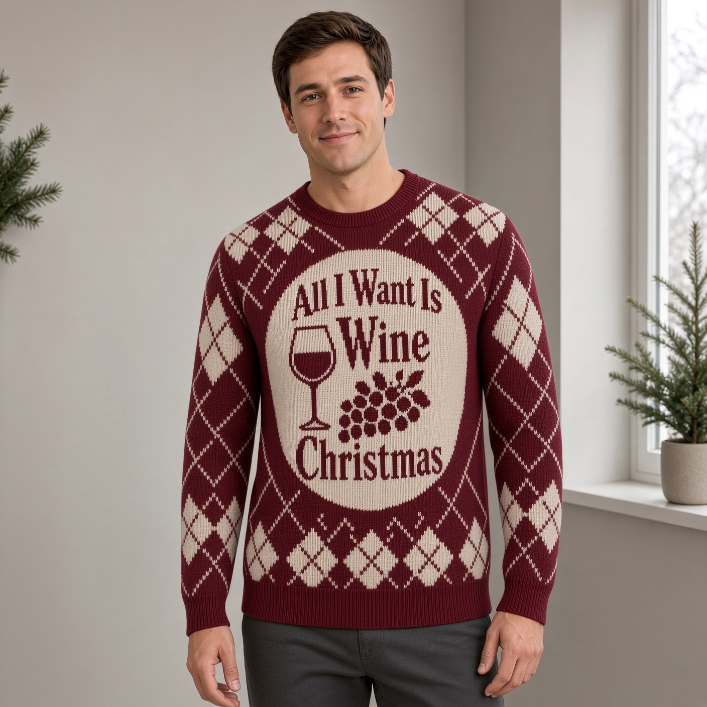 [popular-sweater:PX-03-20:male] All I Want Is Wine Christmas Ugly Christmas Sweatshirt - Male view