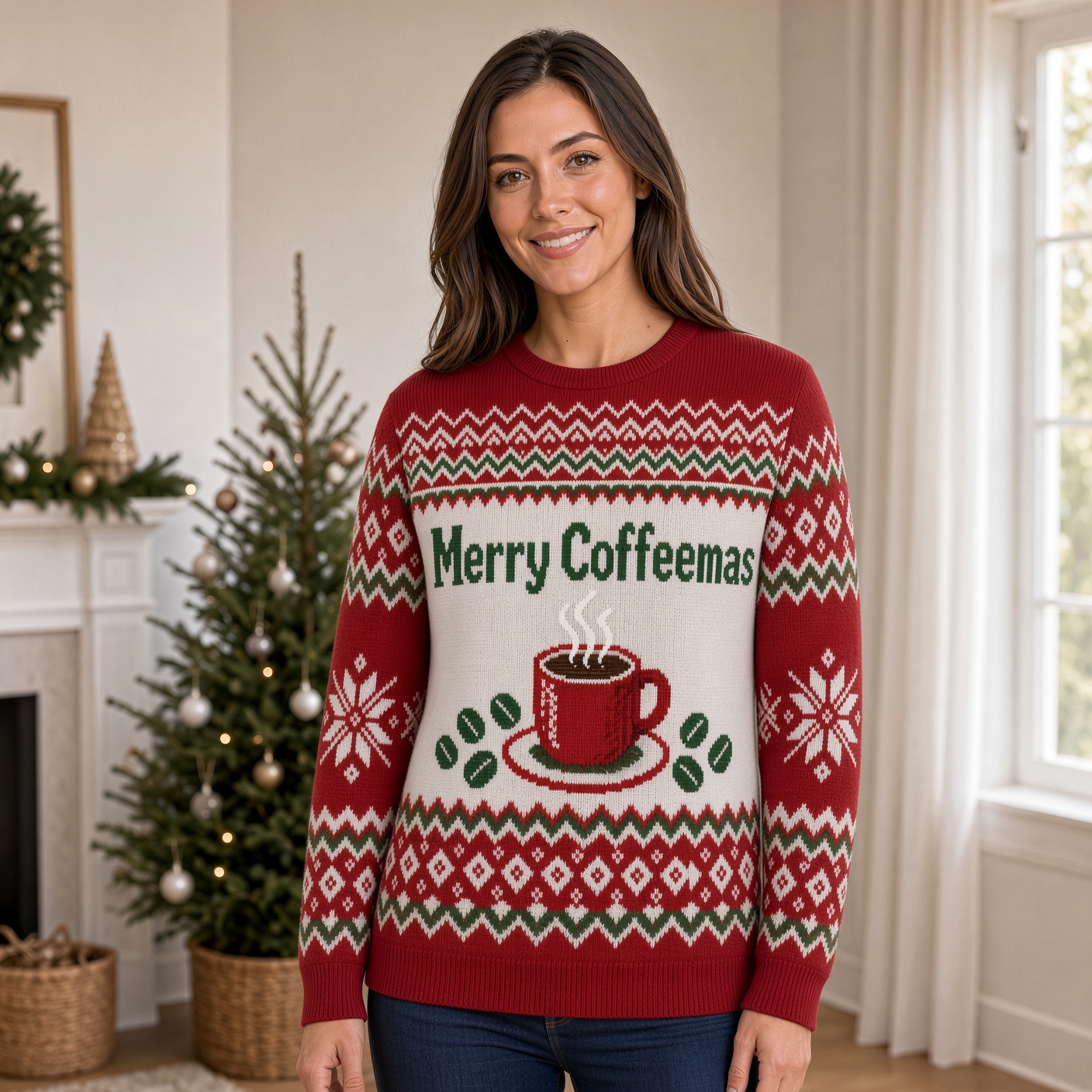 [popular-sweater:PX-04-01:female] Merry Coffeemas Ugly Christmas Sweatshirt - Female view