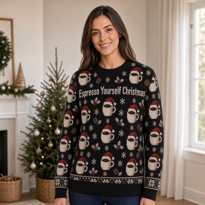[popular-sweater:PX-04-02:female] Espresso Yourself Christmas Ugly Christmas Sweatshirt - Female view