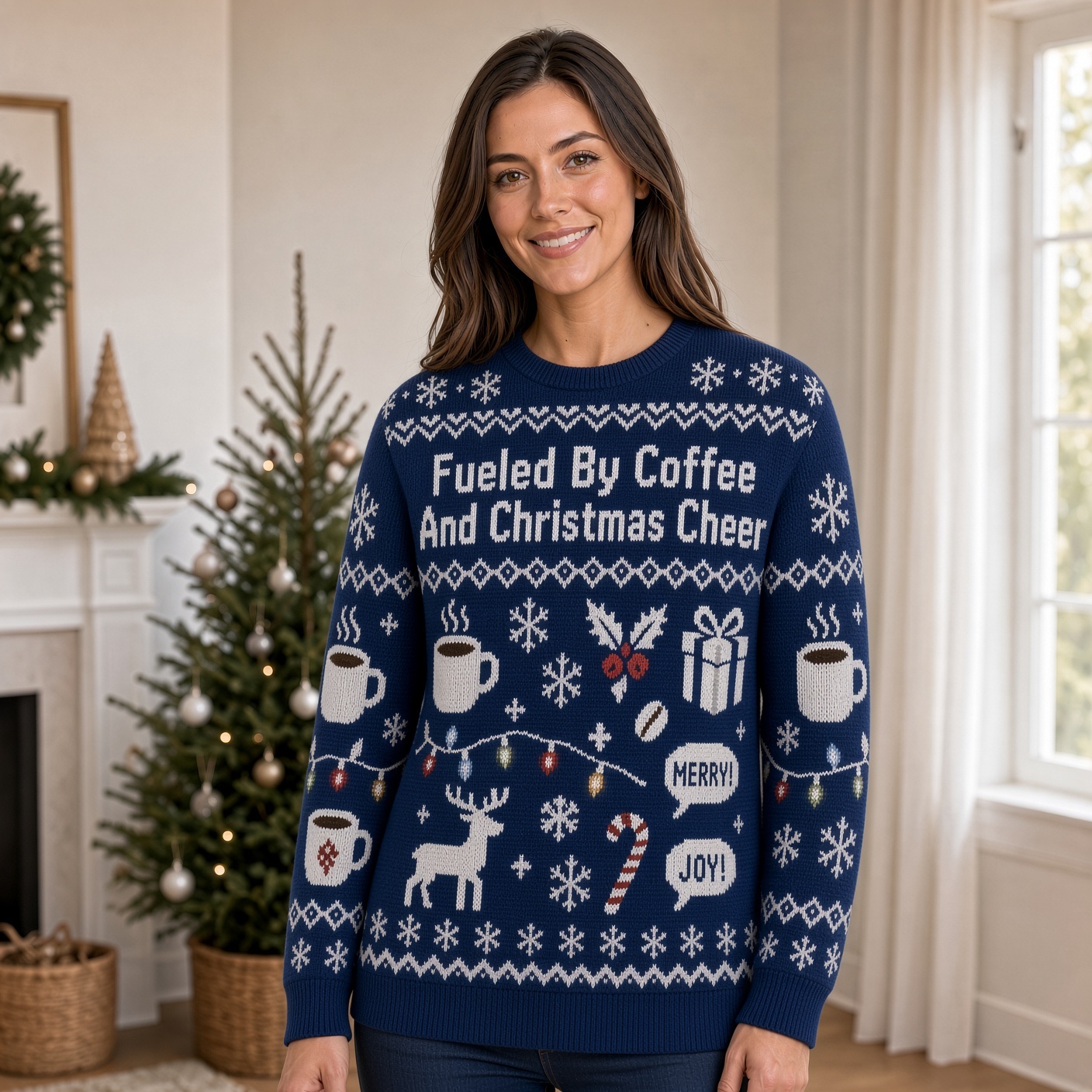 [popular-sweater:PX-04-03:female] Fueled By Coffee And Christmas Cheer Ugly Christmas Sweatshirt - Female view