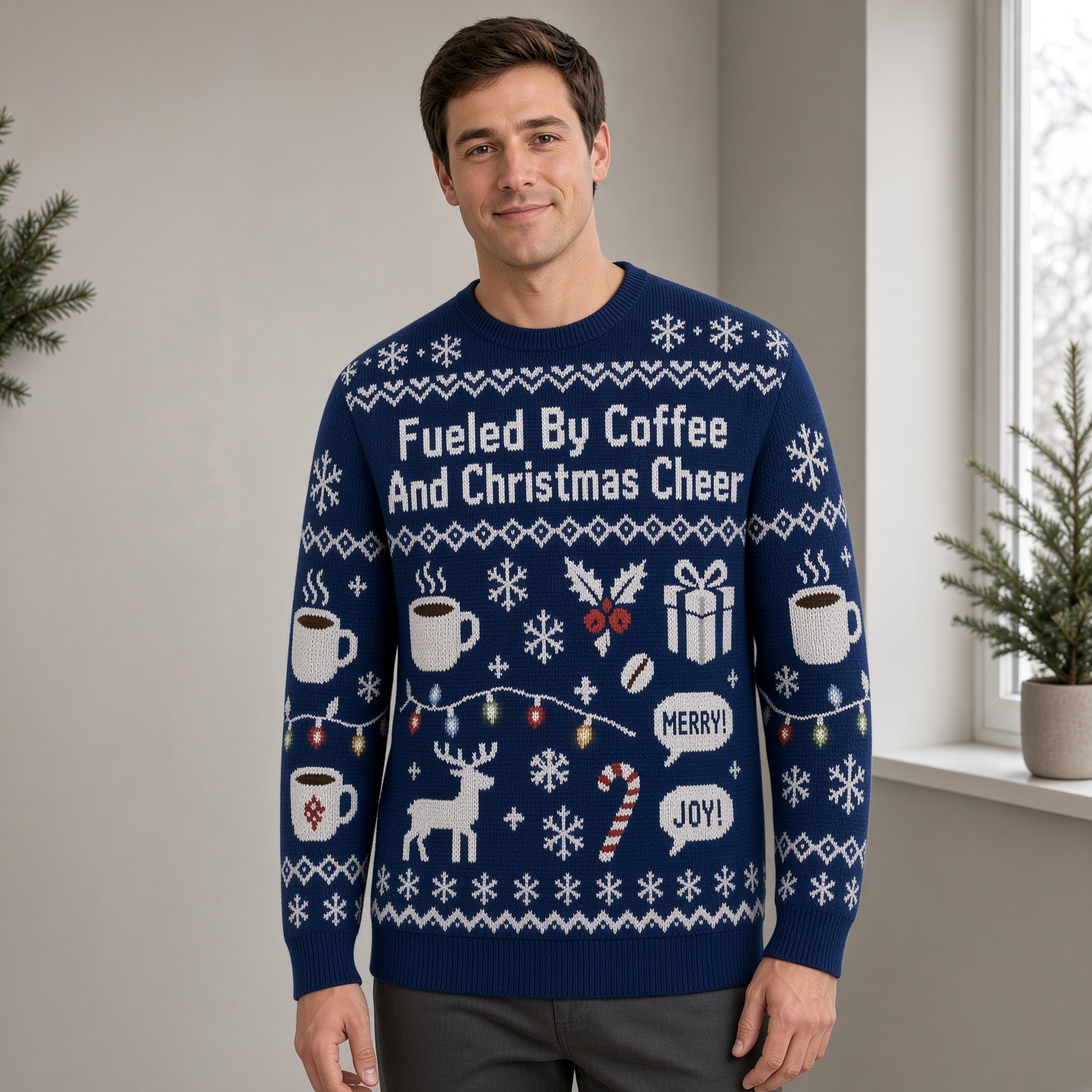 [popular-sweater:PX-04-03:male] Fueled By Coffee And Christmas Cheer Ugly Christmas Sweatshirt - Male view