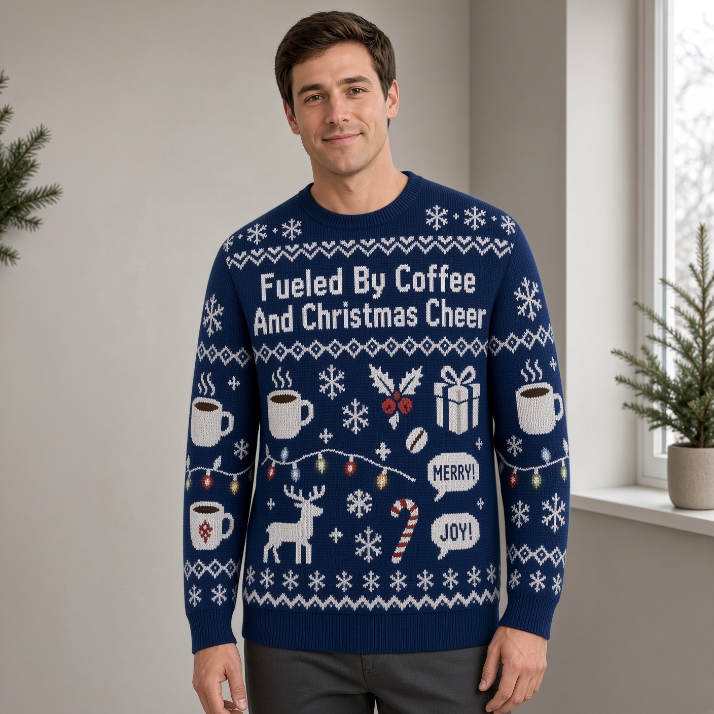 [popular-sweater:PX-04-03:male] Fueled By Coffee And Christmas Cheer Ugly Christmas Sweatshirt - Male view
