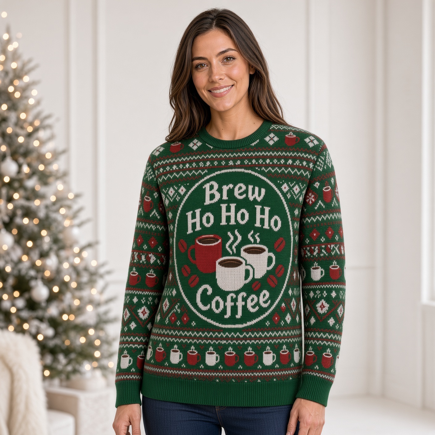 [popular-sweater:PX-04-05:female] Brew Ho Ho Coffee Ugly Christmas Sweatshirt - Female view