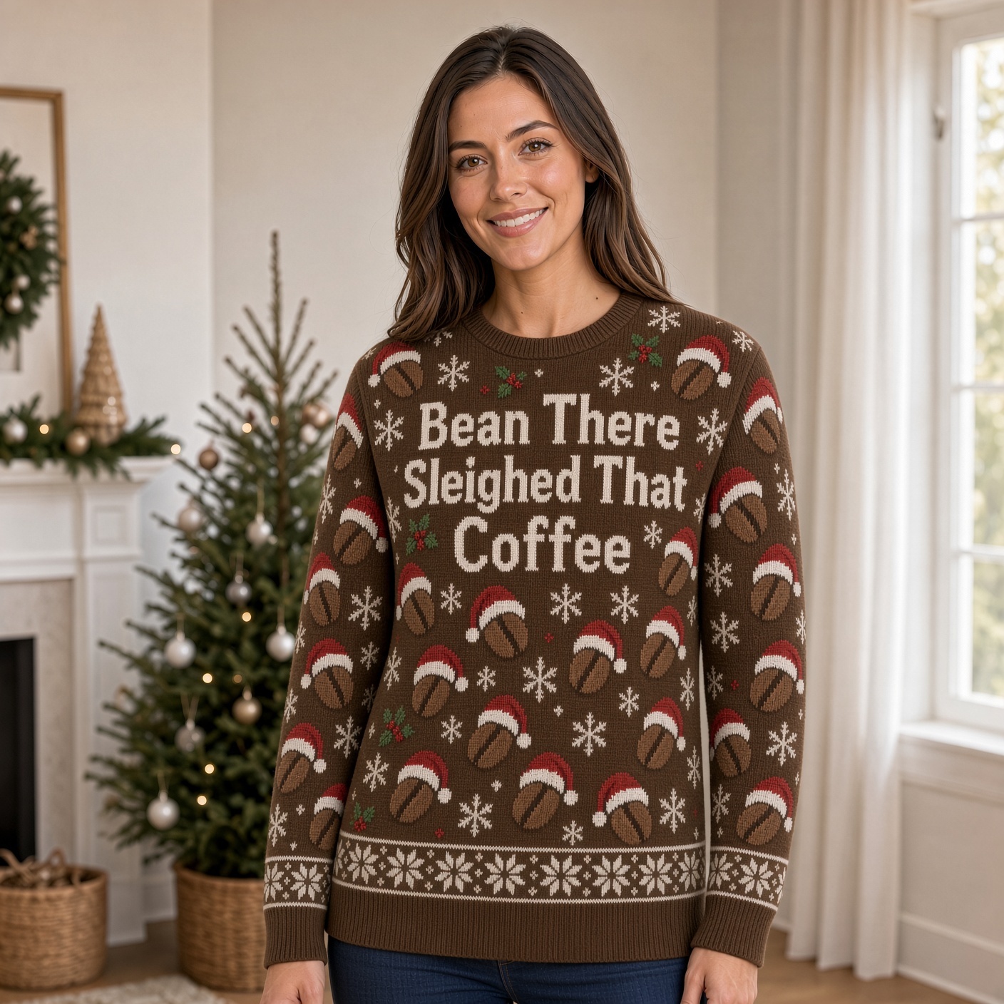 [popular-sweater:PX-04-07:female] Bean There Sleighed That Coffee Ugly Christmas Sweatshirt - Female view