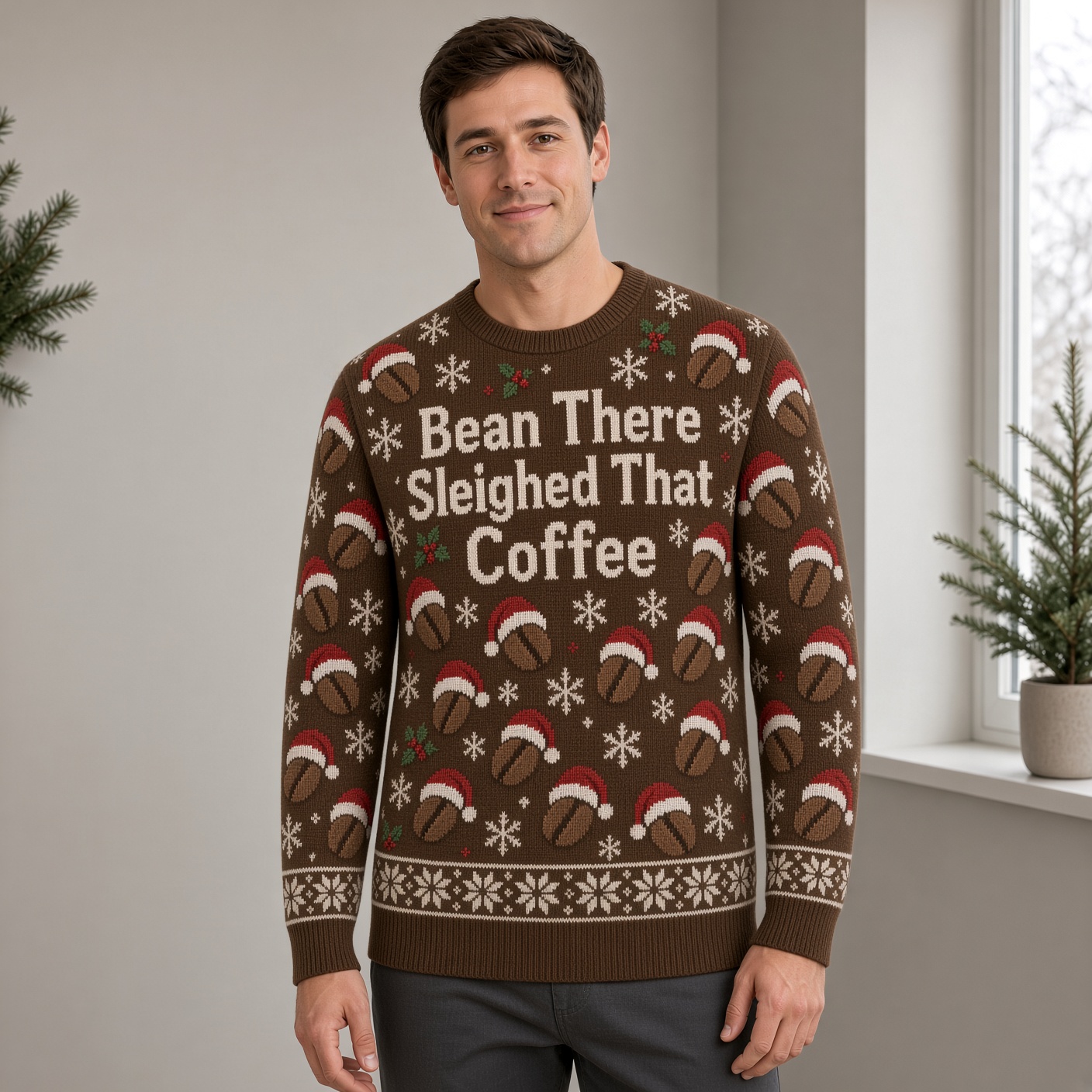 [popular-sweater:PX-04-07:male] Bean There Sleighed That Coffee Ugly Christmas Sweatshirt - Male view