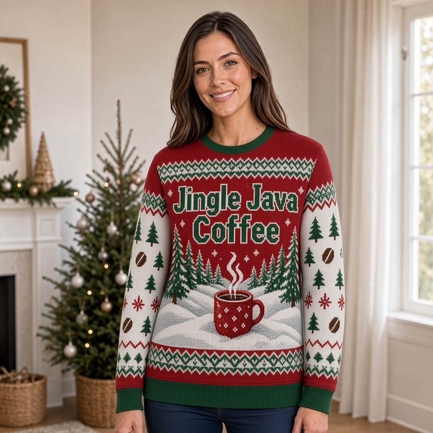 [popular-sweater:PX-04-09:female] Jingle Java Coffee Ugly Christmas Sweatshirt - Female view