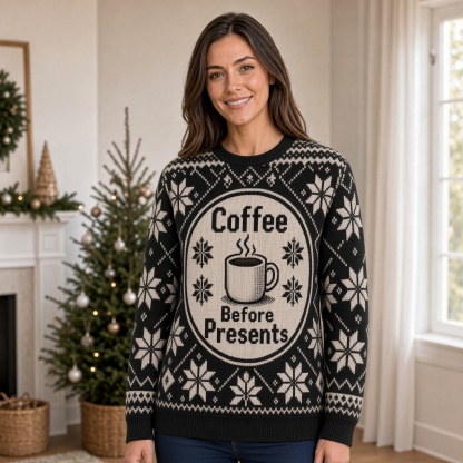 [popular-sweater:PX-04-10:female] Coffee Before Presents Ugly Christmas Sweatshirt - Female view