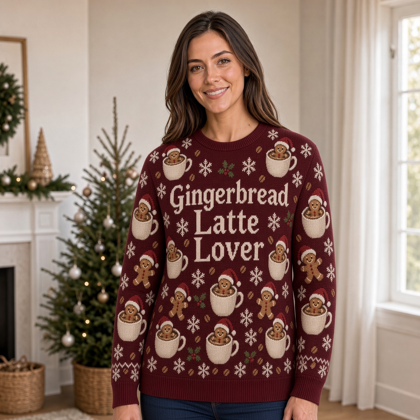 [popular-sweater:PX-04-12:female] Gingerbread Latte Lover Ugly Christmas Sweatshirt - Female view