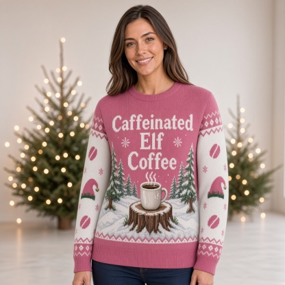 [popular-sweater:PX-04-14:female] Caffeinated Elf Coffee Ugly Christmas Sweatshirt - Female view