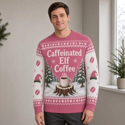 [popular-sweater:PX-04-14:male] Caffeinated Elf Coffee Ugly Christmas Sweatshirt - Male view