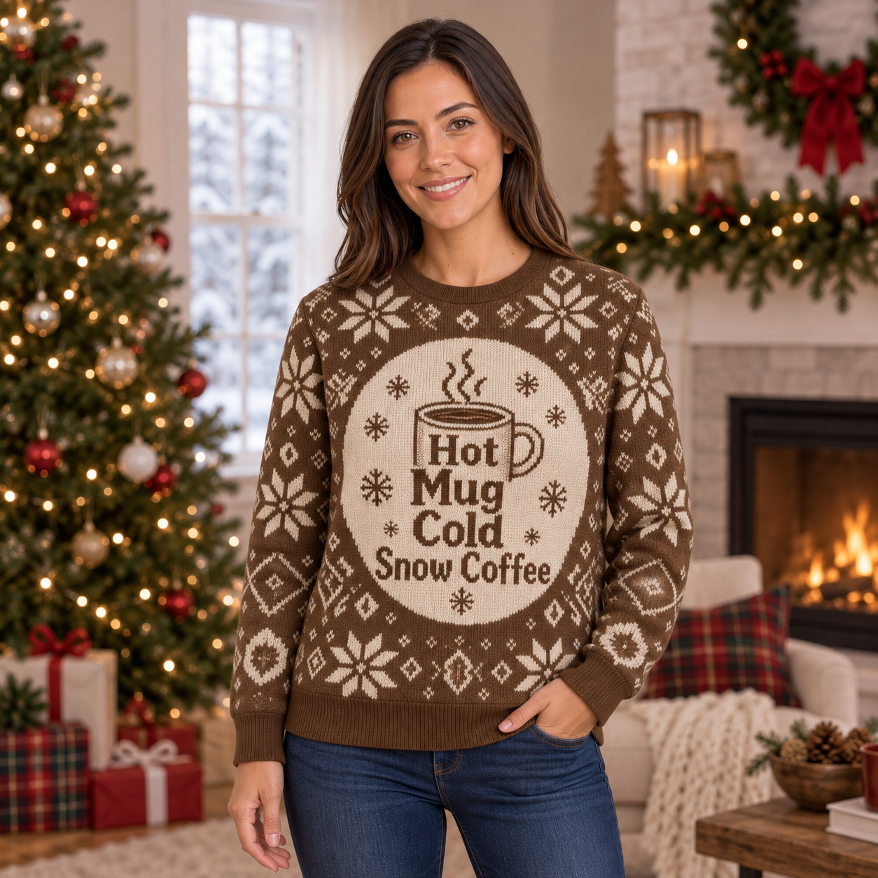 [popular-sweater:PX-04-15:female] Hot Mug Cold Snow Coffee Ugly Christmas Sweatshirt - Female view