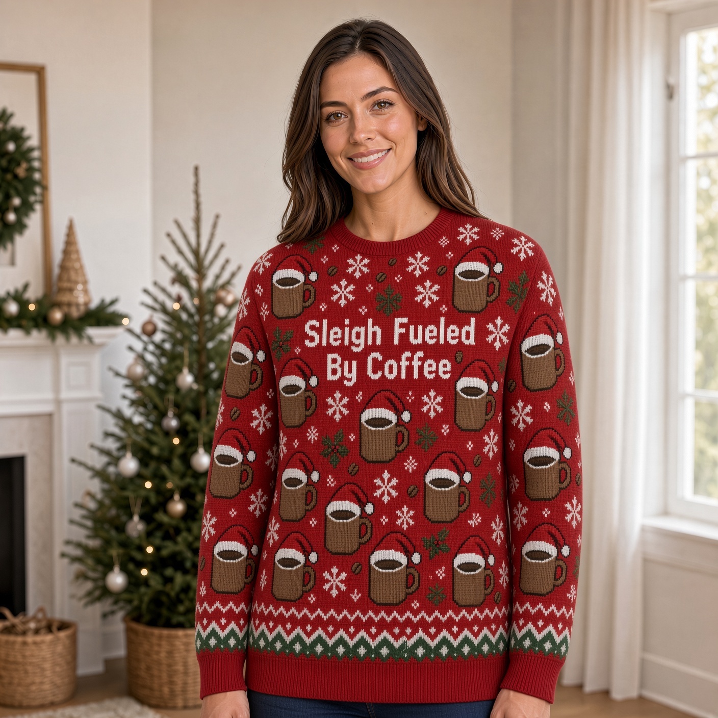 [popular-sweater:PX-04-17:female] Sleigh Fueled By Coffee Ugly Christmas Sweatshirt - Female view