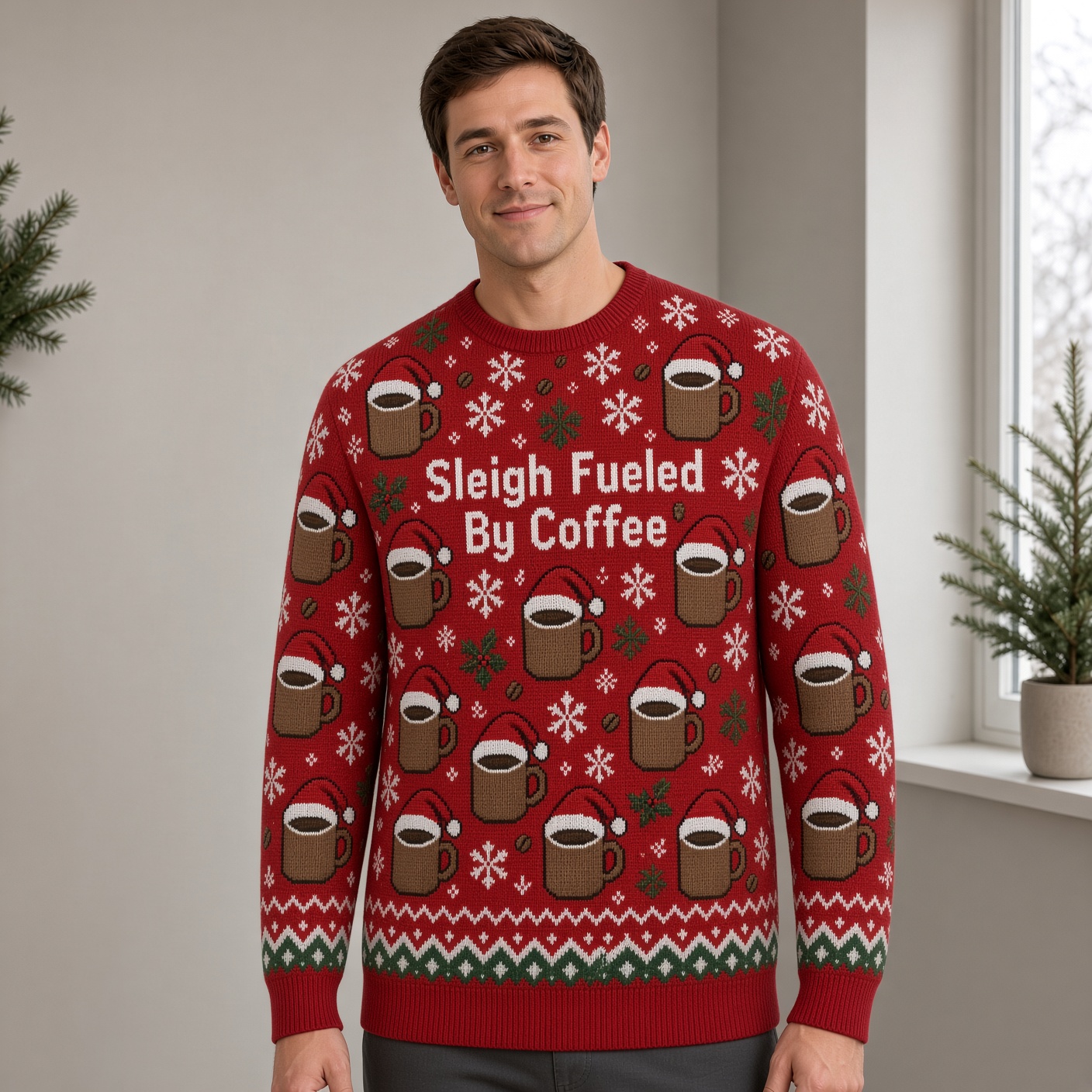 [popular-sweater:PX-04-17:male] Sleigh Fueled By Coffee Ugly Christmas Sweatshirt - Male view