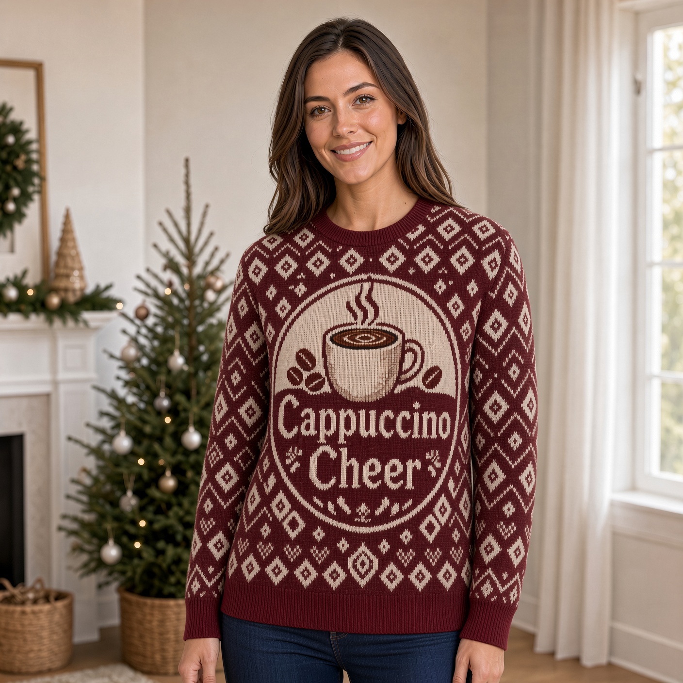 [popular-sweater:PX-04-20:female] Cappuccino Cheer Ugly Christmas Sweatshirt - Female view