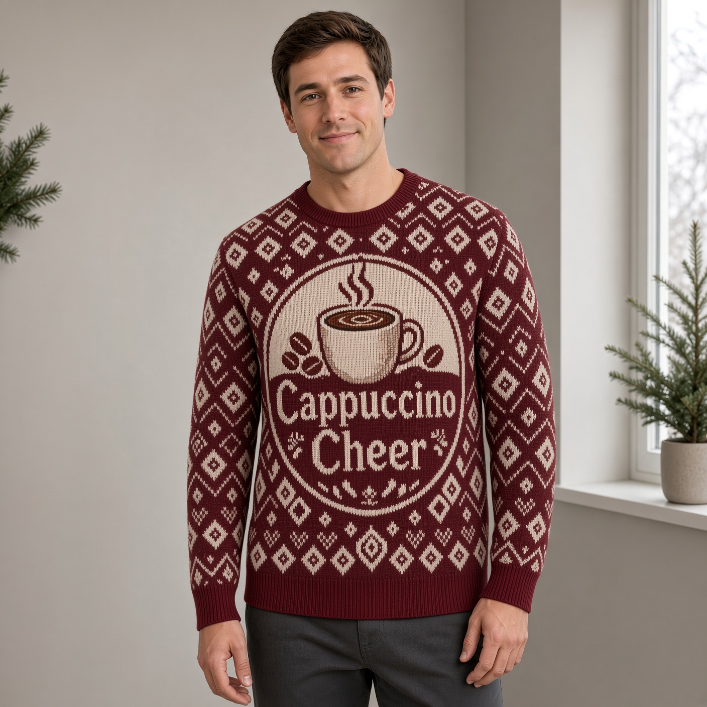 [popular-sweater:PX-04-20:male] Cappuccino Cheer Ugly Christmas Sweatshirt - Male view